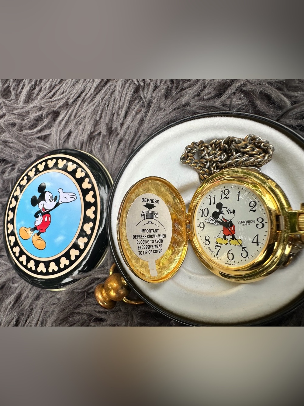 Vintage Disney Mickey Mouse Pocket Watch Verochron w/ Case & Chain